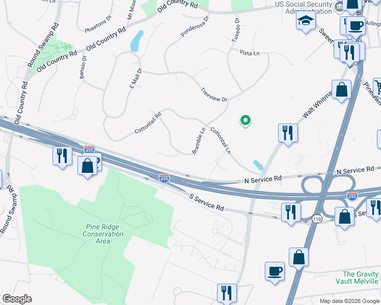 map of restaurants, bars, coffee shops, grocery stores, and more near in Melville