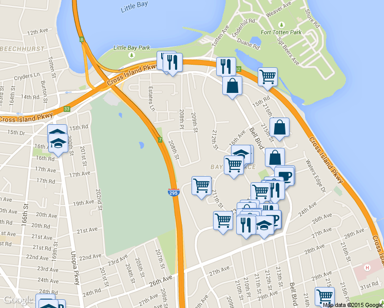 map of restaurants, bars, coffee shops, grocery stores, and more near 15-89 208th Place in Queens