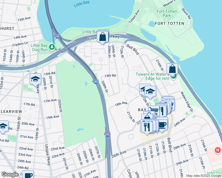 map of restaurants, bars, coffee shops, grocery stores, and more near 15-89 208th Place in Queens