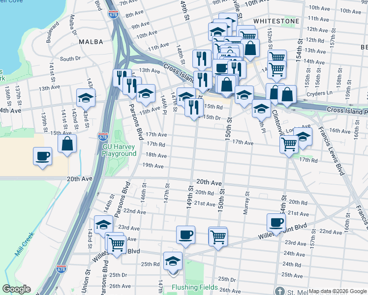 map of restaurants, bars, coffee shops, grocery stores, and more near 147-18 17th Road in Queens