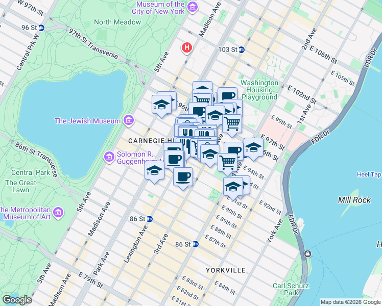 map of restaurants, bars, coffee shops, grocery stores, and more near 176 East 93rd Street in New York