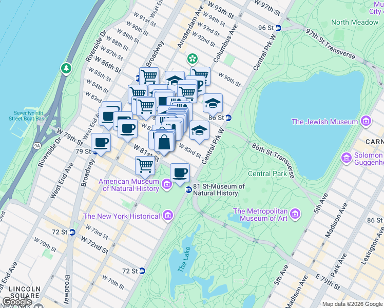 map of restaurants, bars, coffee shops, grocery stores, and more near 31 West 82nd Street in New York