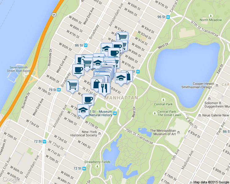 map of restaurants, bars, coffee shops, grocery stores, and more near 31 West 82nd Street in New York
