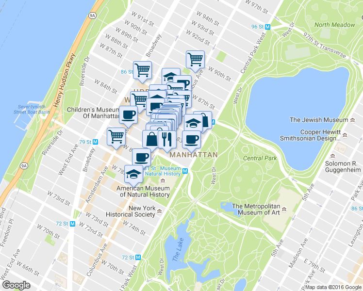 map of restaurants, bars, coffee shops, grocery stores, and more near 31 West 82nd Street in New York