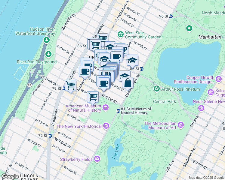 map of restaurants, bars, coffee shops, grocery stores, and more near 31 West 82nd Street in New York