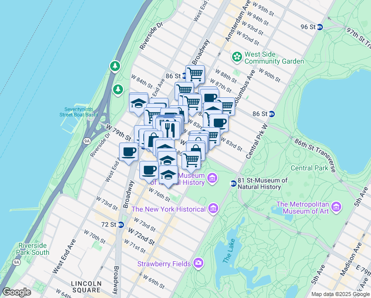 map of restaurants, bars, coffee shops, grocery stores, and more near 163 West 80th Street in New York