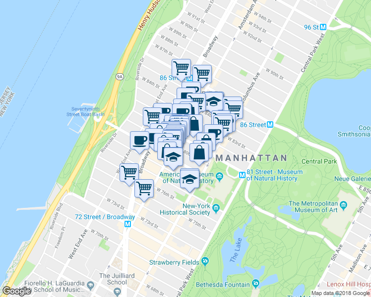 map of restaurants, bars, coffee shops, grocery stores, and more near 163 West 80th Street in New York