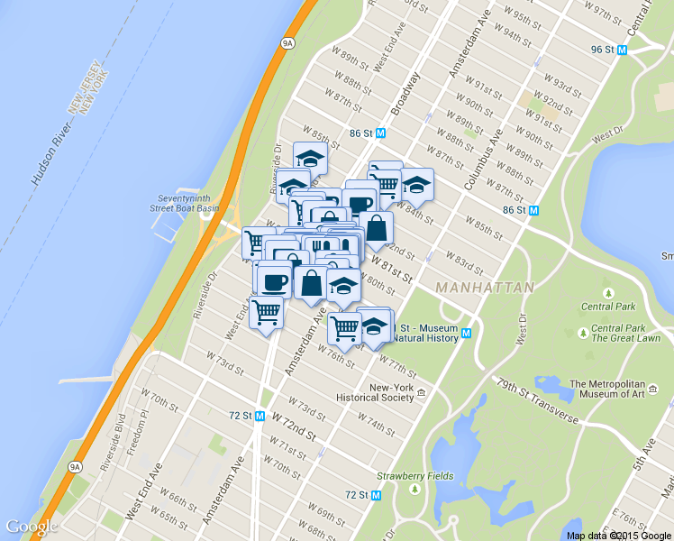 map of restaurants, bars, coffee shops, grocery stores, and more near in New York
