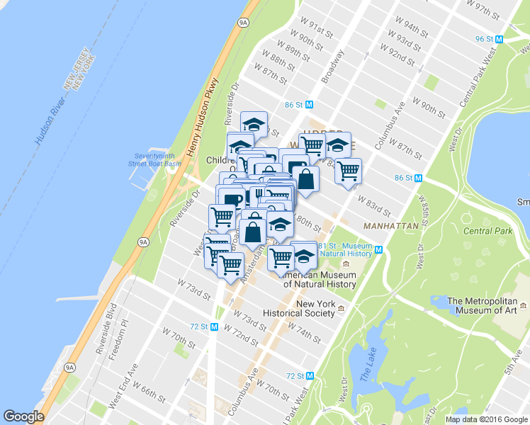 map of restaurants, bars, coffee shops, grocery stores, and more near 216W West 79th Street in New York