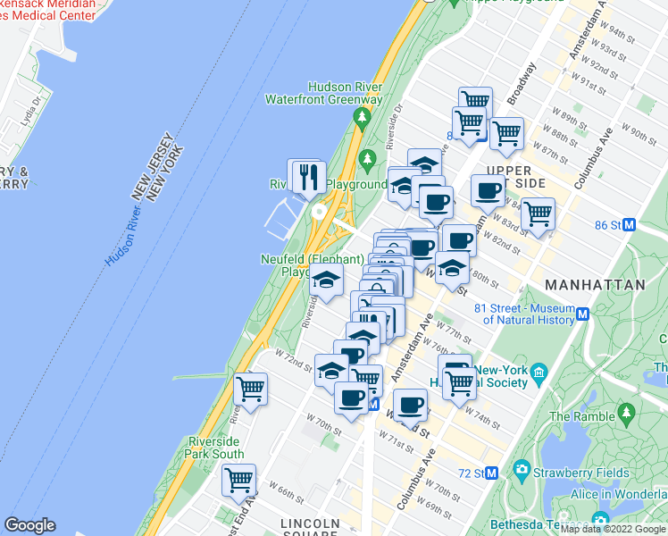 map of restaurants, bars, coffee shops, grocery stores, and more near 40 Riverside Drive in New York