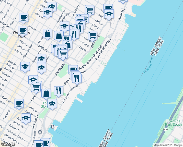 map of restaurants, bars, coffee shops, grocery stores, and more near 9 Avenue at Port Imperial in West New York