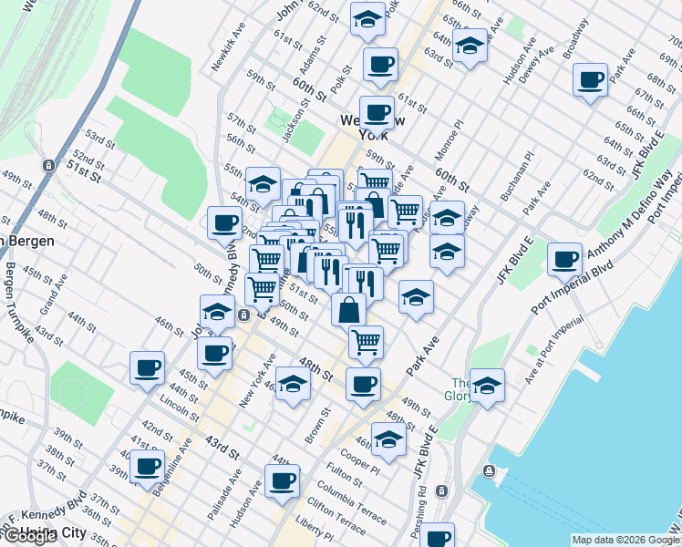 map of restaurants, bars, coffee shops, grocery stores, and more near in West New York