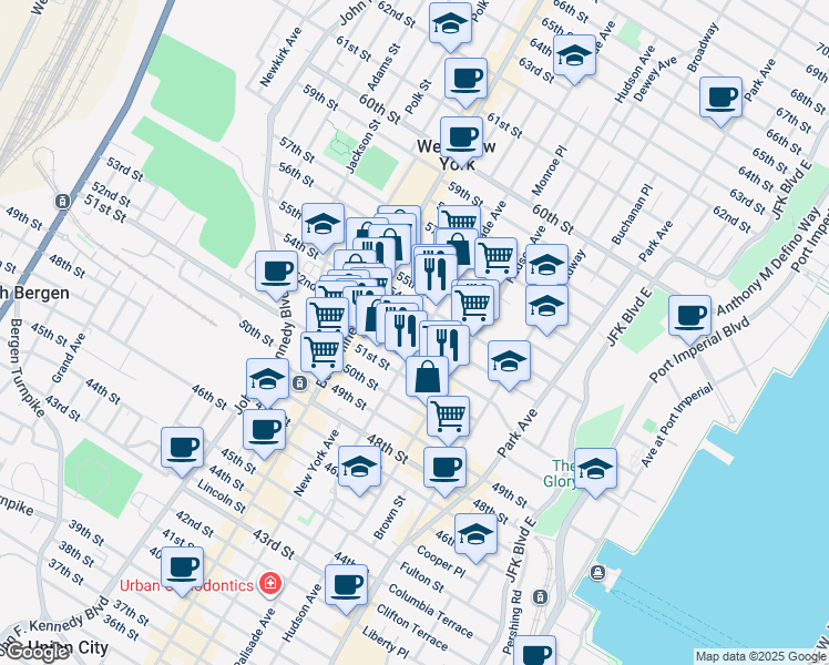 map of restaurants, bars, coffee shops, grocery stores, and more near in West New York