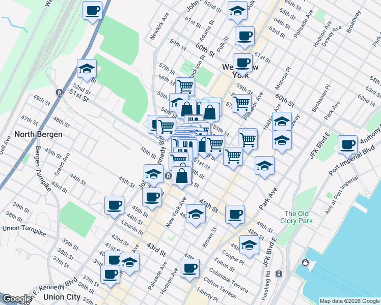 map of restaurants, bars, coffee shops, grocery stores, and more near in West New York