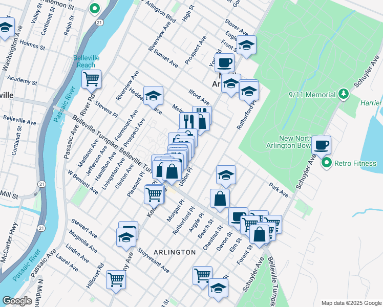 map of restaurants, bars, coffee shops, grocery stores, and more near 64 Union Place in North Arlington