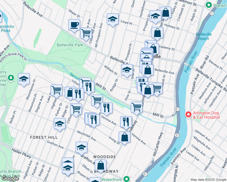 map of restaurants, bars, coffee shops, grocery stores, and more near 8 Bridge Street in Belleville