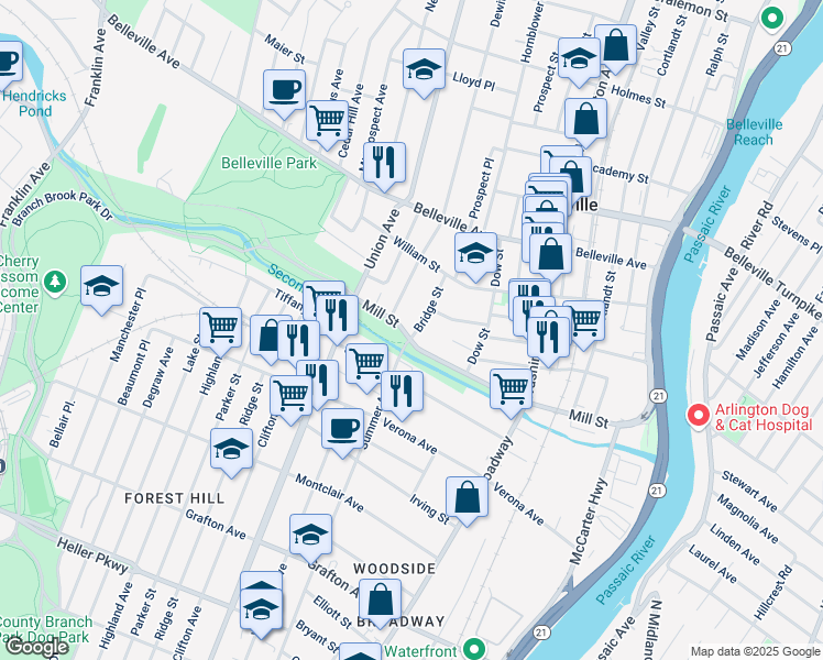 map of restaurants, bars, coffee shops, grocery stores, and more near 8 Bridge Street in Belleville
