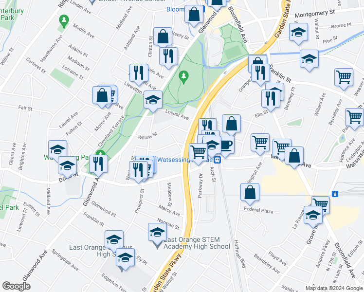 map of restaurants, bars, coffee shops, grocery stores, and more near 52 Hinrichs Place in Bloomfield