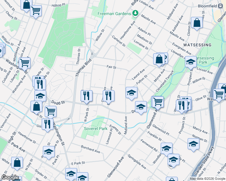 map of restaurants, bars, coffee shops, grocery stores, and more near 192 Brighton Avenue in East Orange