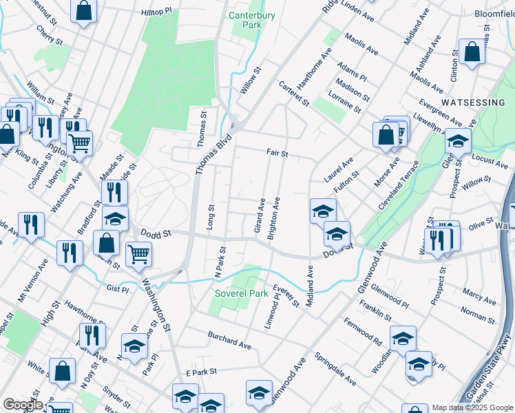 map of restaurants, bars, coffee shops, grocery stores, and more near 10 Charles Street in East Orange