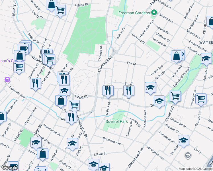map of restaurants, bars, coffee shops, grocery stores, and more near 205 North Park Street in East Orange