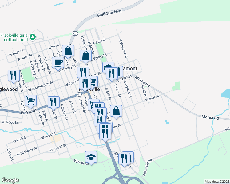 map of restaurants, bars, coffee shops, grocery stores, and more near 140 South Broad Mountain Avenue in Frackville