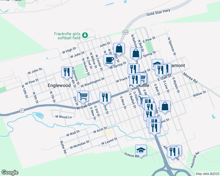 map of restaurants, bars, coffee shops, grocery stores, and more near 29 South Center Street in Frackville