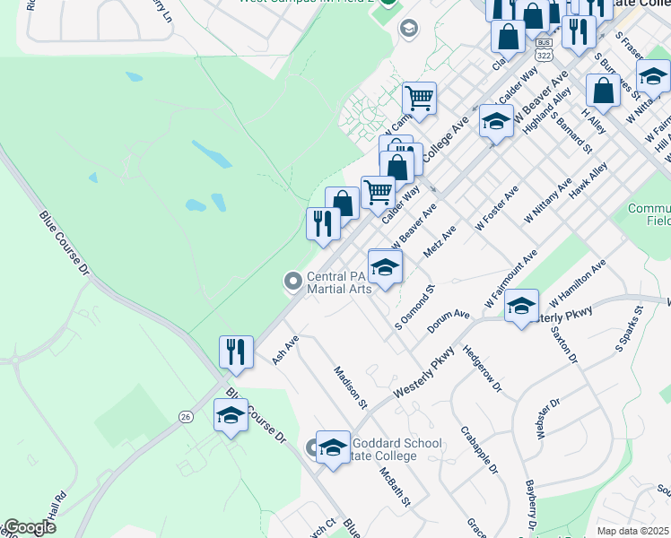 map of restaurants, bars, coffee shops, grocery stores, and more near 1315 Pennsylvania 26 in State College