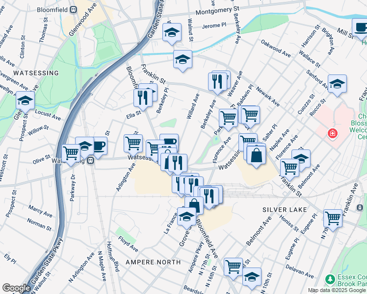 map of restaurants, bars, coffee shops, grocery stores, and more near 80 Berkeley Avenue in Bloomfield