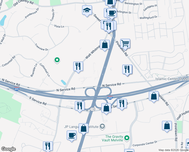 map of restaurants, bars, coffee shops, grocery stores, and more near 300 Broadhollow Road in Melville