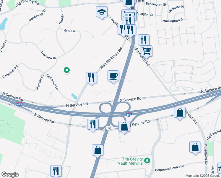 map of restaurants, bars, coffee shops, grocery stores, and more near 300 Broadhollow Road in Melville