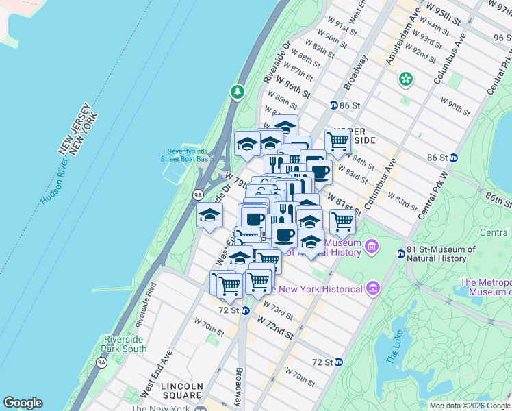 map of restaurants, bars, coffee shops, grocery stores, and more near in New York