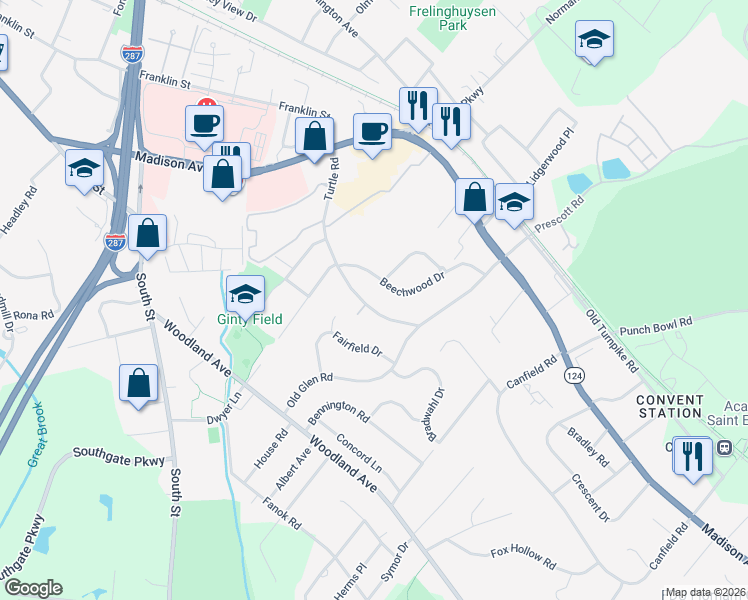 map of restaurants, bars, coffee shops, grocery stores, and more near 9 Turtle Road in Morristown