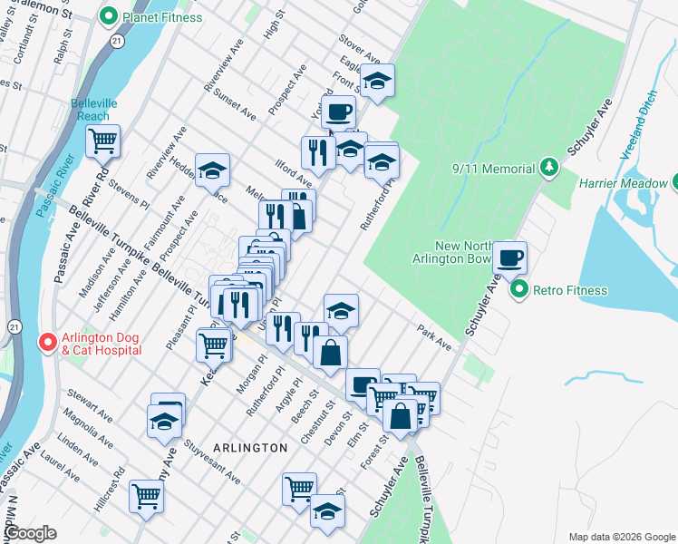 map of restaurants, bars, coffee shops, grocery stores, and more near 89 Rutherford Place in North Arlington