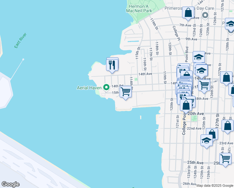 map of restaurants, bars, coffee shops, grocery stores, and more near 110-42 15th Avenue in Queens