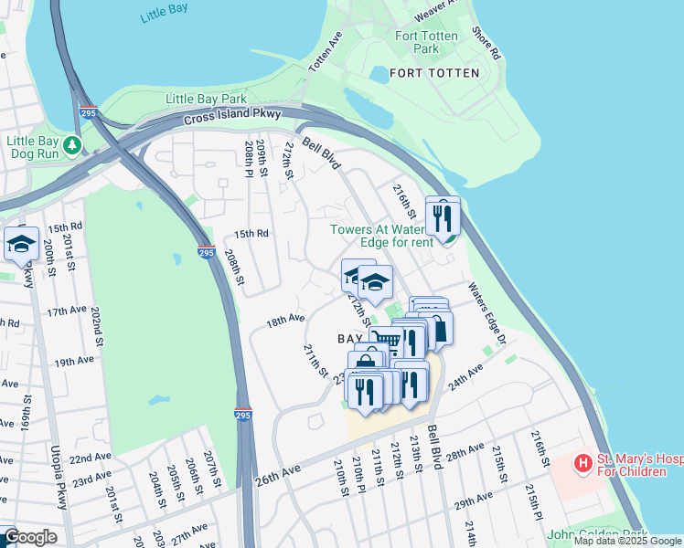 map of restaurants, bars, coffee shops, grocery stores, and more near 16-34 212th Street in Queens