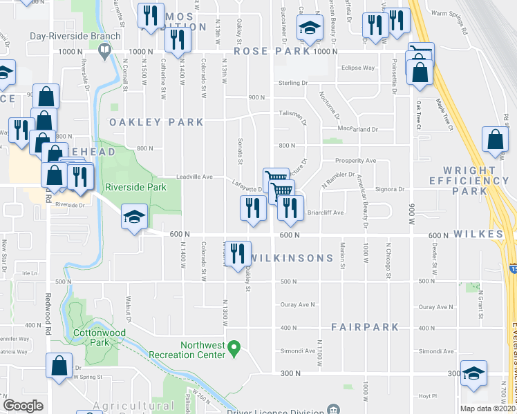 map of restaurants, bars, coffee shops, grocery stores, and more near 615 North 1200 West in Salt Lake City