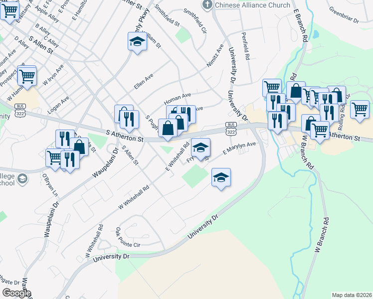 map of restaurants, bars, coffee shops, grocery stores, and more near 308 East Whitehall Road in State College