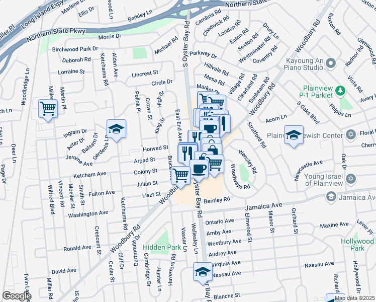 map of restaurants, bars, coffee shops, grocery stores, and more near 399 South Oyster Bay Road in Plainview