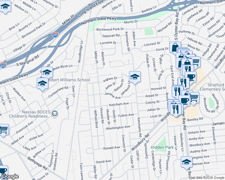 map of restaurants, bars, coffee shops, grocery stores, and more near 26 Jerome Avenue in Hicksville