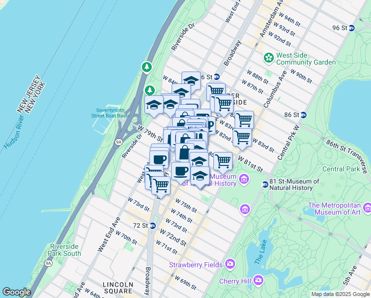 map of restaurants, bars, coffee shops, grocery stores, and more near 216W West 79th Street in New York