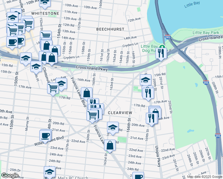 map of restaurants, bars, coffee shops, grocery stores, and more near 16-33 163rd Street in Queens