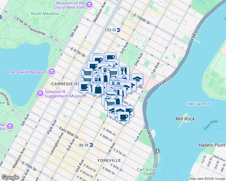 map of restaurants, bars, coffee shops, grocery stores, and more near 239 East 94th Street in New York