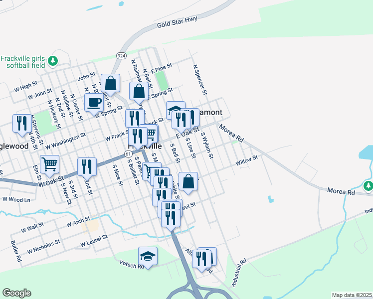 map of restaurants, bars, coffee shops, grocery stores, and more near 141 South Broad Mountain Avenue in Frackville
