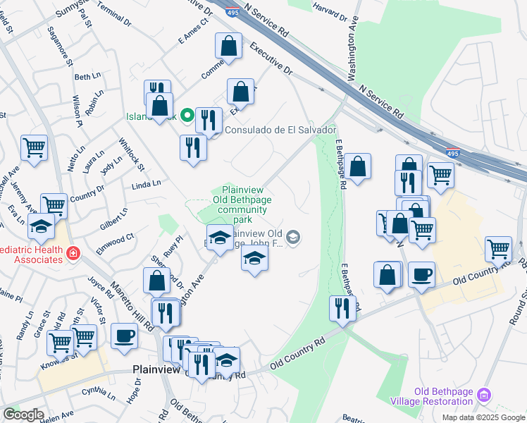 map of restaurants, bars, coffee shops, grocery stores, and more near 9 Kennedy Dr in Plainview