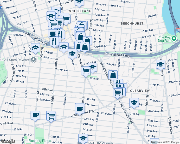 map of restaurants, bars, coffee shops, grocery stores, and more near 16-64 155th Street in Queens