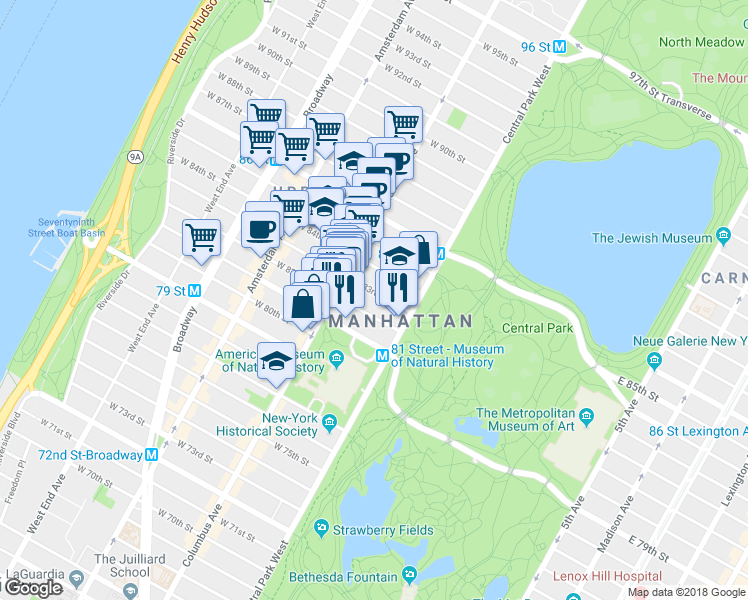 map of restaurants, bars, coffee shops, grocery stores, and more near 38 West 83rd Street in New York