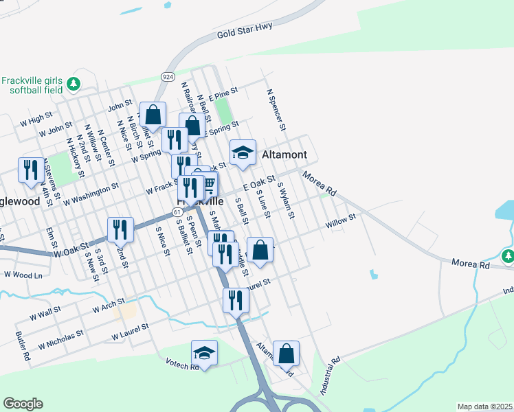 map of restaurants, bars, coffee shops, grocery stores, and more near 141 South Broad Mountain Avenue in Frackville