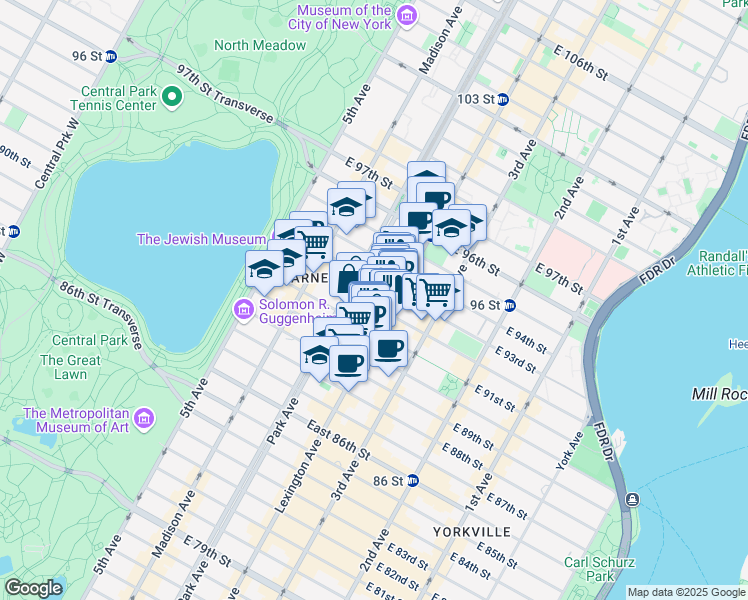 map of restaurants, bars, coffee shops, grocery stores, and more near 117 East 92nd Street in New York