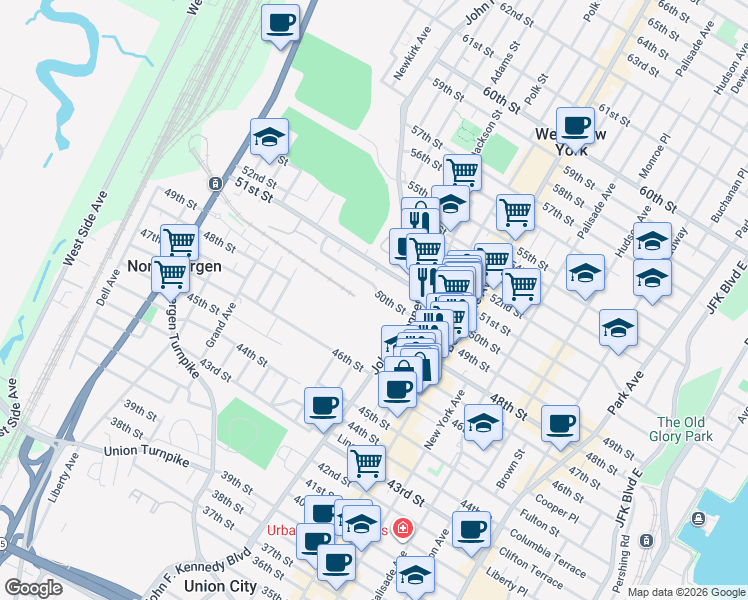 map of restaurants, bars, coffee shops, grocery stores, and more near 1139 50th Street in North Bergen